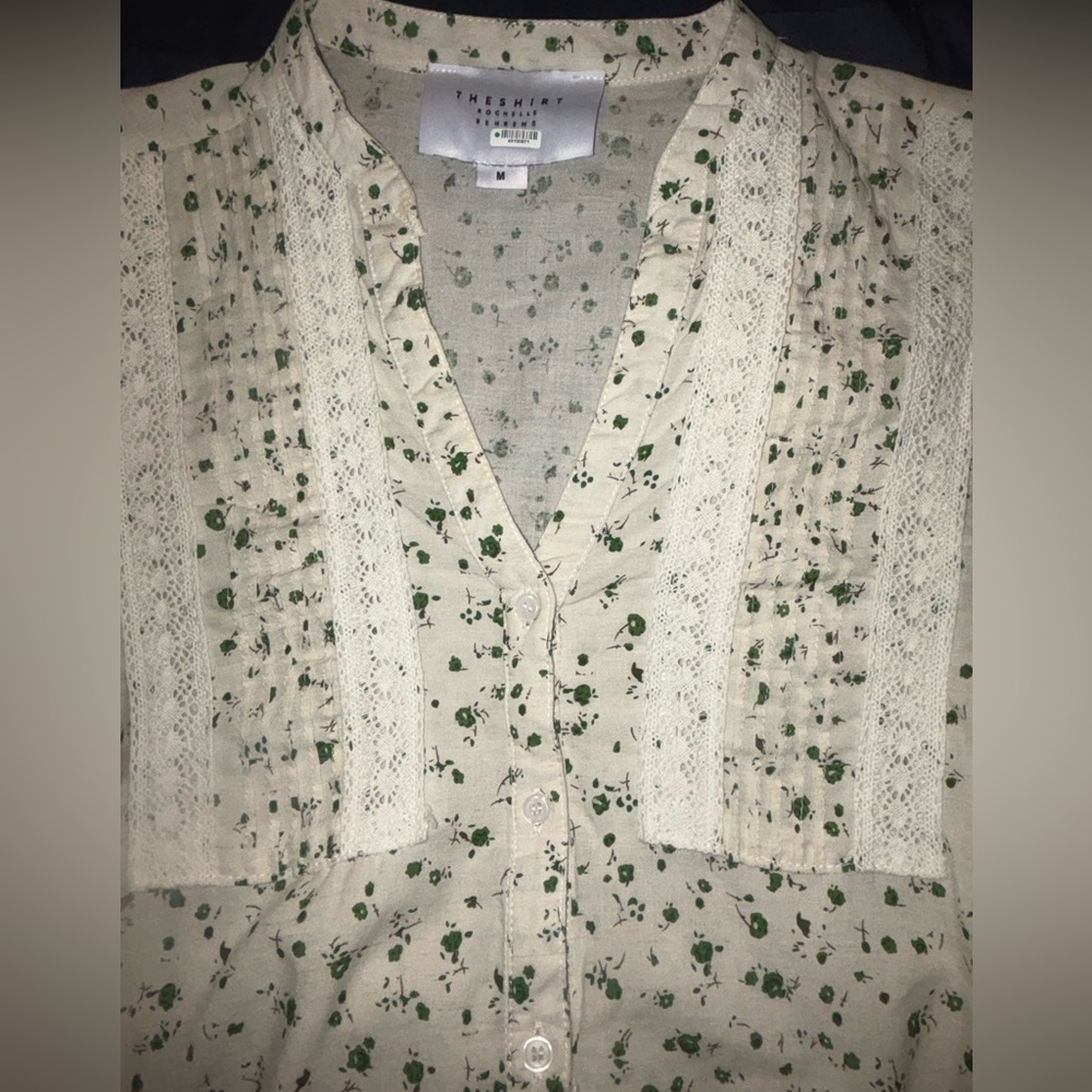 The Shirt by Rochelle Behrens Cream Green Floral Print Lace Button Down Womens M - Picture 4 of 6